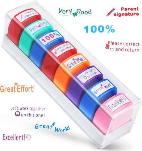 8Pcs Teacher Stamps for Classroom Teacher Supplies Self-inking Grading Stamps Encouraging Comments for Parent Signature School Teachers Review Feedback Homework Reward Colorful Stamp with Tray in Saudi Arabia