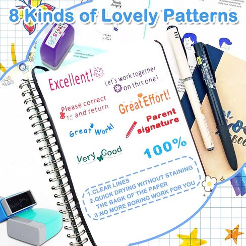 8Pcs Teacher Stamps for Classroom Teacher Supplies Self-inking Grading Stamps Encouraging Comments for Parent Signature School Teachers Review Feedback Homework Reward Colorful Stamp with Tray in Saudi Arabia