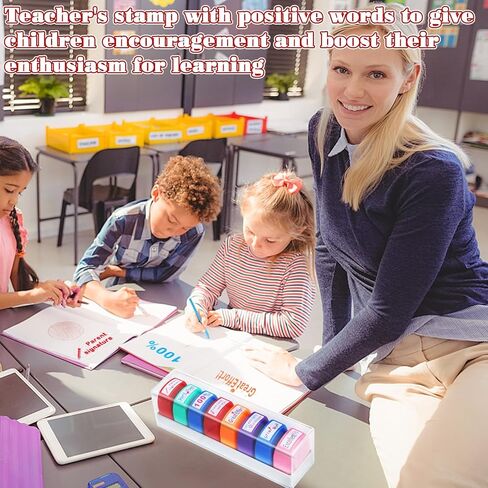 8Pcs Teacher Stamps for Classroom Teacher Supplies Self-inking Grading Stamps Encouraging Comments for Parent Signature School Teachers Review Feedback Homework Reward Colorful Stamp with Tray in Saudi Arabia