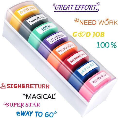 8Pcs Teacher Stamps for Classroom Teacher Supplies Self-inking Grading Stamps Encouraging Comments for Parent Signature School Teachers Review Feedback Homework Reward Colorful Stamp with Tray in Saudi Arabia