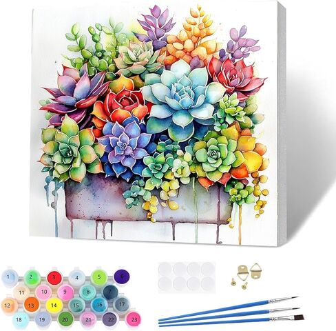KEYIFA Paint by Numbers Kit for Adults Framed, Small Painting Kits for Beginners, Paint on Clear Colored Canvas, Acrylic Pigment Drawing Paintwork, DIY Home Wall Decor, 8x8 in, Colorful Succulent in Saudi Arabia