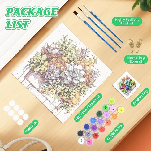 KEYIFA Paint by Numbers Kit for Adults Framed, Small Painting Kits for Beginners, Paint on Clear Colored Canvas, Acrylic Pigment Drawing Paintwork, DIY Home Wall Decor, 8x8 in, Colorful Succulent in Saudi Arabia