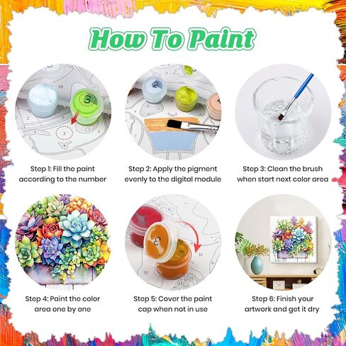 KEYIFA Paint by Numbers Kit for Adults Framed, Small Painting Kits for Beginners, Paint on Clear Colored Canvas, Acrylic Pigment Drawing Paintwork, DIY Home Wall Decor, 8x8 in, Colorful Succulent in Saudi Arabia