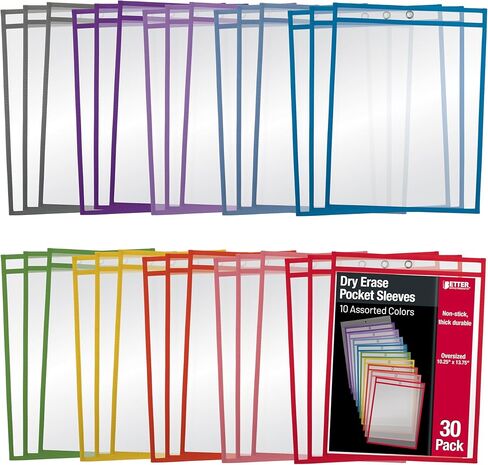 Dry Erase Pocket Sleeves, 30 Count, Crystal Clear, by Better Office Products, Oversized, 10.25" x 13.75", Heavy Duty Dry Erase Pocket Sheet Protectors, Reusable Pockets with 10 Assorted Colors,30 Pack in Saudi Arabia