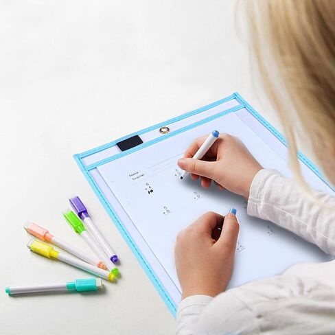 BONBELA Dry Erase Pockets - 12 Pack EASYWipeXL Heavy Duty Sheet Protectors Quickly Wipe to a Flawless Clean - Save a Bundle on 10 x 13 Reusable Dry Erase Sheets Sleeves for Work & School Worksheets in Kuwait