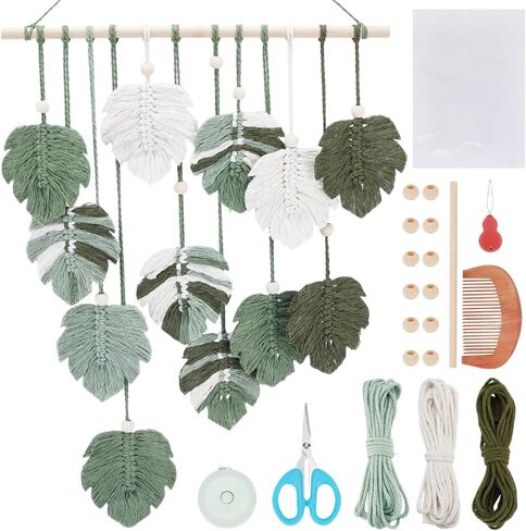 FREEBLOSS DIY Macrame Leaf Wall Hanging Beginners Macrame Kit Leaf Woven Tapestry Feather Wall Hanging 4 Green Colors Cotton Cord DIY Hanging Ornament Kit for Adults Birthday Gift in Saudi Arabia
