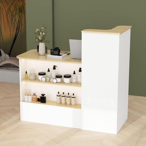 White Small Reception Desk with Lockable Drawer, Business Work Front Desk with Open Storage Shelves & LED Light, Compact Office Display Counter Table, Counter Reception Table for Salon in Kuwait