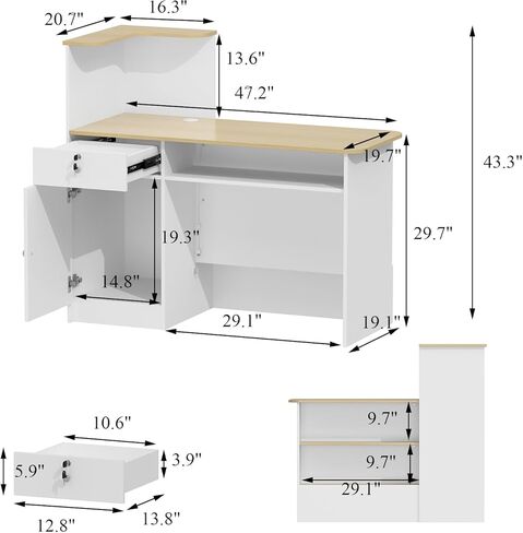 White Small Reception Desk with Lockable Drawer, Business Work Front Desk with Open Storage Shelves & LED Light, Compact Office Display Counter Table, Counter Reception Table for Salon in Kuwait
