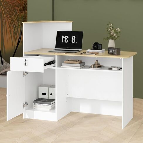 White Small Reception Desk with Lockable Drawer, Business Work Front Desk with Open Storage Shelves & LED Light, Compact Office Display Counter Table, Counter Reception Table for Salon in Kuwait