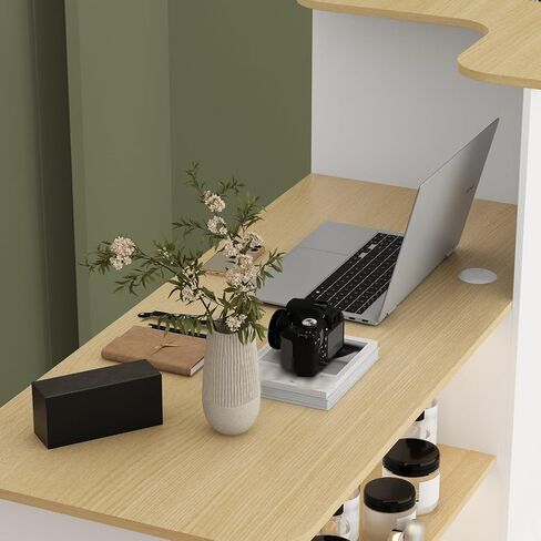 White Small Reception Desk with Lockable Drawer, Business Work Front Desk with Open Storage Shelves & LED Light, Compact Office Display Counter Table, Counter Reception Table for Salon in Kuwait