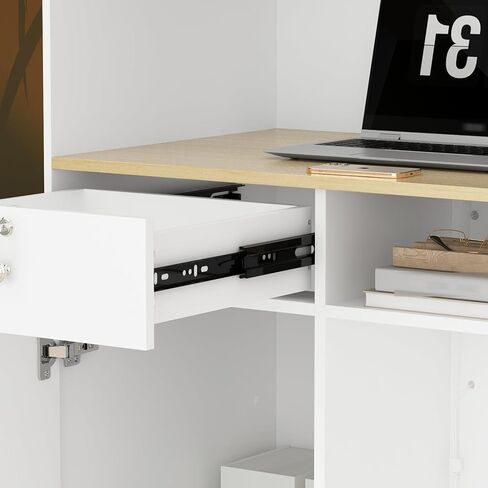 White Small Reception Desk with Lockable Drawer, Business Work Front Desk with Open Storage Shelves & LED Light, Compact Office Display Counter Table, Counter Reception Table for Salon in Kuwait