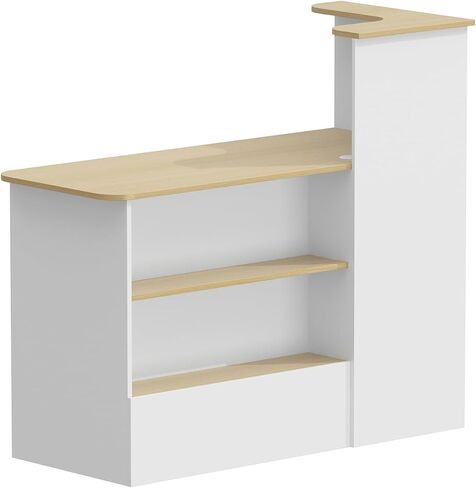 White Small Reception Desk with Lockable Drawer, Business Work Front Desk with Open Storage Shelves & LED Light, Compact Office Display Counter Table, Counter Reception Table for Salon in Kuwait