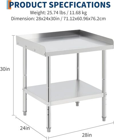 2 Tier Stainless Steel Grill Tables Equipment Stand, 24x24 in Heavy Duty Metal Prep Table with Removable Three-Sided Backsplash & Adjustable Shelf, Workstation for Kitchen in Saudi Arabia
