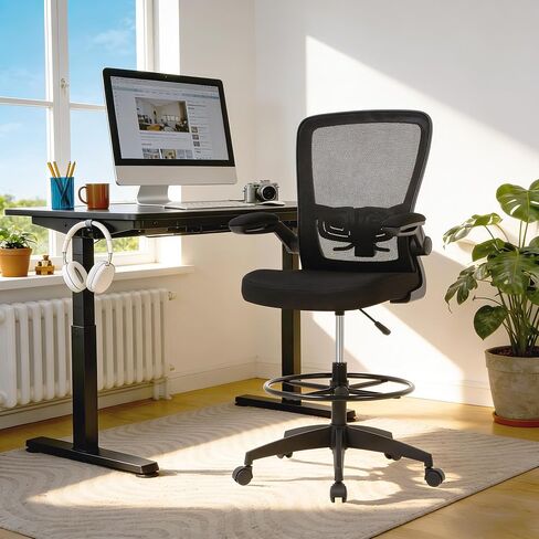 Drafting Chair Tall Office Chair Adjustable Height with Lumbar Support Flip Up Arms Footrest Mid Back Task Mesh Desk Chair Computer Chair Drafting Stool for Standing Desk, Black in Kuwait