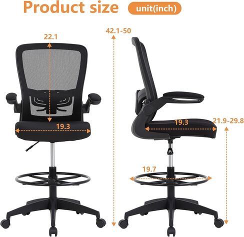 Drafting Chair Tall Office Chair Adjustable Height with Lumbar Support Flip Up Arms Footrest Mid Back Task Mesh Desk Chair Computer Chair Drafting Stool for Standing Desk, Black in Kuwait