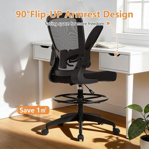 Drafting Chair Tall Office Chair Adjustable Height with Lumbar Support Flip Up Arms Footrest Mid Back Task Mesh Desk Chair Computer Chair Drafting Stool for Standing Desk, Black in Kuwait