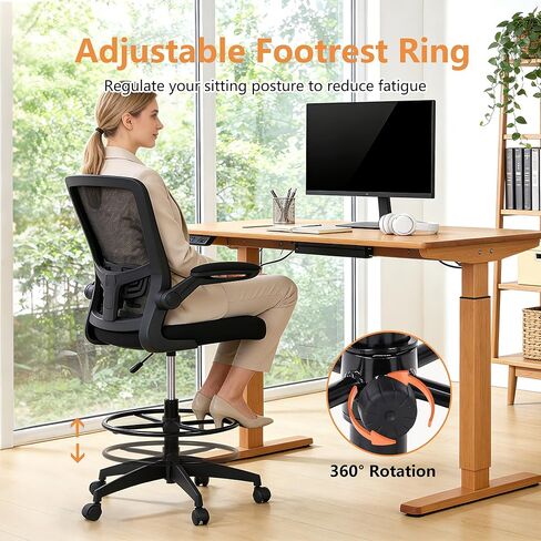 Drafting Chair Tall Office Chair Adjustable Height with Lumbar Support Flip Up Arms Footrest Mid Back Task Mesh Desk Chair Computer Chair Drafting Stool for Standing Desk, Black in Kuwait