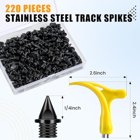 YUNVI 220 Pcs 1/4 Inch Stainless Steel Spikes with 1 PC Spike Wrench for Track Shoes, 0.25" Replacement Spikes for Ice Cleats, Steel Pyramid Spikes for Hiking, Running, High Jumping, with Storage Box in Kuwait
