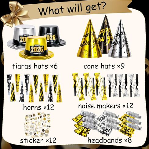2026 New Years Eve Party Supplies, 60 Pcs New Year Eve Party Hats and Horns, Headband, Tattoos, Blowouts 2026 New Year Party Favors in Saudi Arabia