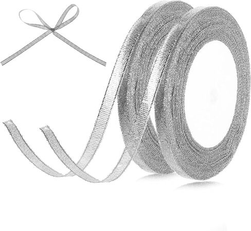 2 Roll Glossy Satin Ribbon 0.24 Inch/24 Yards Silver Glitter Ribbons Thin Solid Fabric Ribbons Metallic Silver Ribbon for Gift Wrapping Crafts Floral Bouquet Party Decoration in Saudi Arabia