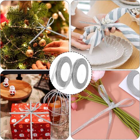 2 Roll Glossy Satin Ribbon 0.24 Inch/24 Yards Silver Glitter Ribbons Thin Solid Fabric Ribbons Metallic Silver Ribbon for Gift Wrapping Crafts Floral Bouquet Party Decoration in Saudi Arabia
