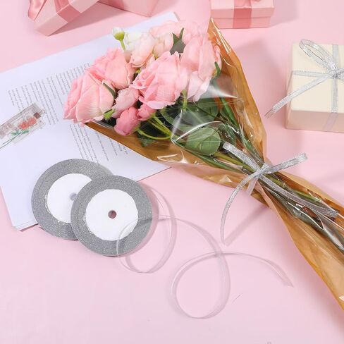 2 Roll Glossy Satin Ribbon 0.24 Inch/24 Yards Silver Glitter Ribbons Thin Solid Fabric Ribbons Metallic Silver Ribbon for Gift Wrapping Crafts Floral Bouquet Party Decoration in Saudi Arabia