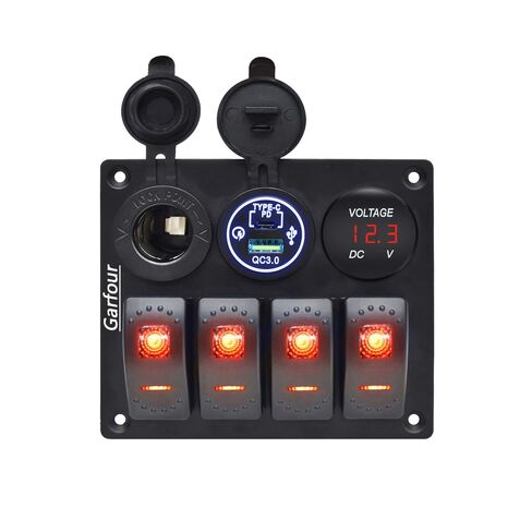 Garfour Waterproof Boat Rocker Switch Panel Aluminium Panel with 12V Voltmeter 3.1A Dual USB Cigarette Lighter Socket 4 Bang Boat Switch Panel for Car Boat in Saudi Arabia