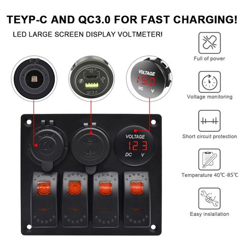 Garfour Waterproof Boat Rocker Switch Panel Aluminium Panel with 12V Voltmeter 3.1A Dual USB Cigarette Lighter Socket 4 Bang Boat Switch Panel for Car Boat in Saudi Arabia