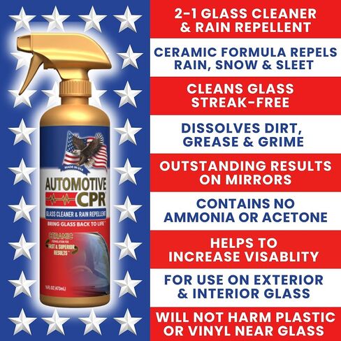Glass Cleaner & Rain Repellent – Premium Ceramic 2-in-1 Formula Cleans & Protects – Streak-Free Shine for Windshields, Windows, & Mirrors – Made in USA – 16oz in Saudi Arabia