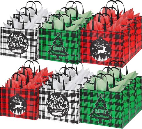 BLEWINDZ 18 Pcs Extra Large Christmas Gift Bags with Tissue Paper, 12.5''x16.3''x7.2'' Reusable Tote Bags with Handles, Non-Woven Goodie Bags for New Year Christmas Decor in Saudi Arabia