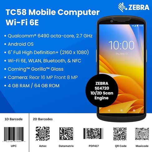 Zebra TC58 Mobile Barcode Scanner | 6" Touch Screen | WiFi 6E, Bluetooth, 5G Cellular | Android Mobile Computer | 1D & 2D Scanner | Front & Rear Cameras (Renewed) in Saudi Arabia