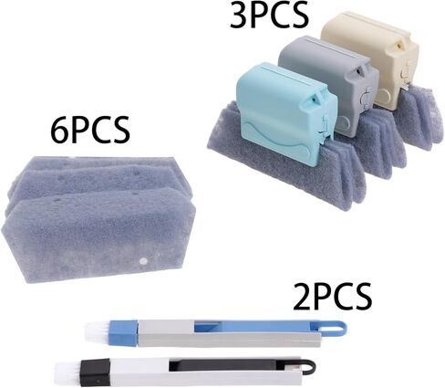 مجموعة أدوات تنظيف مسارات النوافذ السحرية، أدوات تنظيف مسارات عتبات النوافذ، مكشطة تنظيف، 3 قطع من فرشاة التنظيف و6 قطع قماش بديلة، قطعتان من فرشاة التنظيف in Kuwait