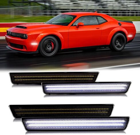 NoxiAnto Full LED White Side Marker Lights for Dodge Challenger 2015-2023, OEM Upgraded Front & Rear Bumper Marker Lamps Corner Parking Lights Smoked Lens, Pack of 4 in Saudi Arabia