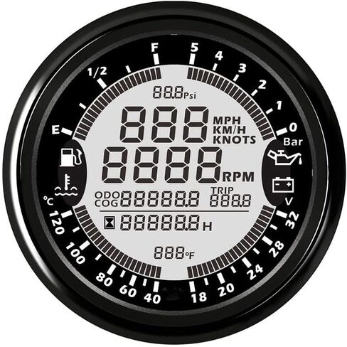 ELING 6 في 1 مقياس متعدد الوظائف GPS عداد السرعة مقياس سرعة الدوران ساعة درجة حرارة الماء مستوى الوقود 24 فولت 0-5BAR (أسود + أسود) in Kuwait