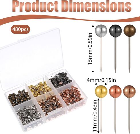 480 PCS Map Push Pins, Metallic Color Map Tacks 1/8 Inch Round Head with Stainless Point Head Marking Pins, Plastic Roundhead Tacks with Steel Points for Bulletin Board Picture Photo (Six Colors) in Saudi Arabia