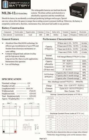 بطارية مايتي ماكس ML26-12 12V 26AH T3 الطرفية - بطارية حمض الرصاص المختومة - عبوتان in Kuwait