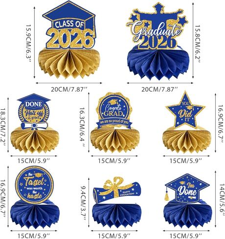 8 PCS Graduation Centerpieces for Tables 2023 Blue and Gold Honeycomb Centerpiece Class of 2023 Graduation Decorations Party Favors in Kuwait