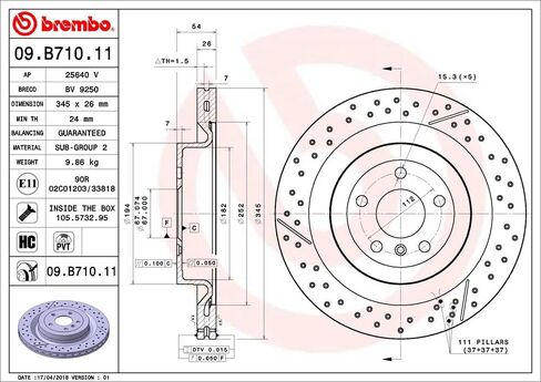 Brembo 09.B710.11 دعامة مطلية بالأشعة فوق البنفسجية مثقوبة + دوار فرامل خلفي مشقوق M Mercedes-Benz OE # A1664230512 in Saudi Arabia