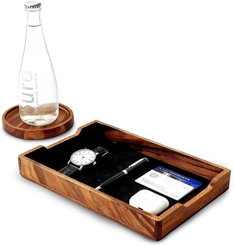 Walnut Desk Tray with Cup Coaster Set, Natural Wooden felt lined Desk Drawer Organizer for Keys, Pen, Watch, Home Office Desktop Accessories in Saudi Arabia