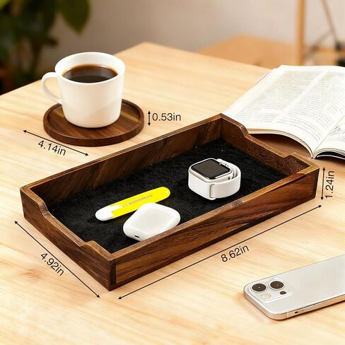 Walnut Desk Tray with Cup Coaster Set, Natural Wooden felt lined Desk Drawer Organizer for Keys, Pen, Watch, Home Office Desktop Accessories in Saudi Arabia