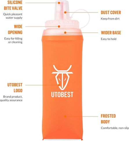 قارورة ناعمة من UTOBEST، قارورة ناعمة سعة 550 مل مع قش، قارورة تشغيل قابلة للطي من مادة TPU، قارورة محمولة قابلة للطي محمولة للسفر والسفر والمشي لمسافات طويلة وركوب الدراجات في المدينة والمشي باللون البرتقالي in Kuwait