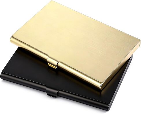 Aluminum Alloy Business Card Case, 2 PCS Flip Cover Slim Pocket Gold Business Card Holder Case Metal Purse Name Cards Holders Simple for Women Men Name Cards, Gold and Black in Kuwait