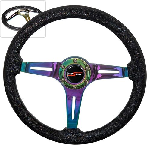 AJP Distributors 345mm 3 Spoke Streak Style Metallic Black Wood Trim Neo Chrome Aluminum Deep Dish Steering Wheel + Godsnow Horn Button in Saudi Arabia