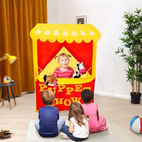 Alvantor Lemonade Stand Puppet Show Theater Pretend Playhouse Play Tent Kids on Stage Doorway Table Top Sets for Toddlers Curtain Fordable Rods Children Dramatic Furniture, 28"X20"X41"H, Yellow,8032 in Kuwait