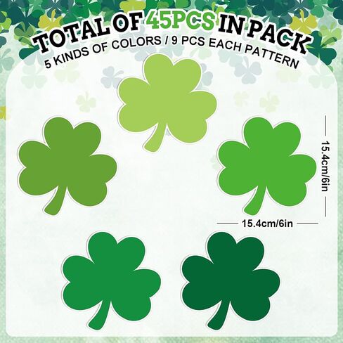 45Pcs St. Patrick’s Day Shamrock Cutouts Gradient Green Lucky Clover Cut-Outs Irish Cardboard Paper Cutting with 100Pcs Glue Points for DIY Crafts Classroom Bulletin Board Decor in Saudi Arabia