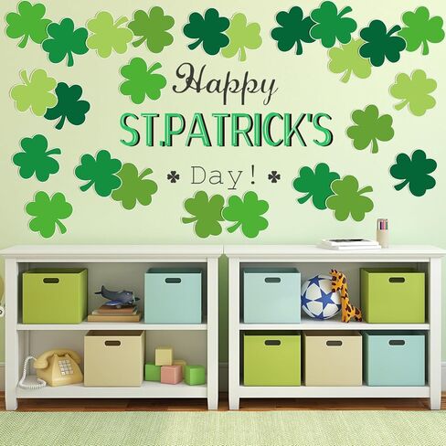 45Pcs St. Patrick’s Day Shamrock Cutouts Gradient Green Lucky Clover Cut-Outs Irish Cardboard Paper Cutting with 100Pcs Glue Points for DIY Crafts Classroom Bulletin Board Decor in Saudi Arabia