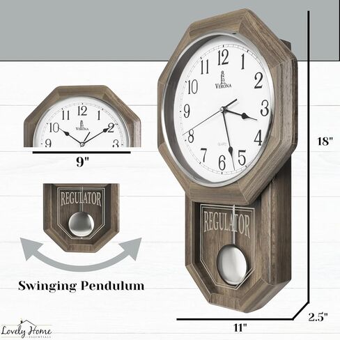 Pendulum Wall Clock - Regulator Clock - Wooden Schoolhouse Wall Clock with Pendulum - Wood Pendulum Clock Battery Operated - Decorative Wall Clocks for Living Room Decor, Home, Office and Gift 18x11 in Kuwait