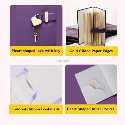 مذكرة قفل على شكل قلب من Poshieca مع مفتاح بغلاف جلدي من البولي يوريثان، منظم شخصي، دفتر سري للفتيات والنساء مقاس B6 5.3 × 7 بوصة (وردي) in Kuwait