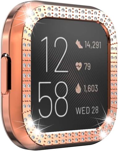 حافظة ساعة واقية مخصصة لـ Fitbit Versa 2، غطاء واقٍ من البولي كربونات ممتص للصدمات مزين بصف مزدوج من الألماس اللامع لملحقات الساعة الذكية Fitbit Versa 2 (ذهبي) in Kuwait