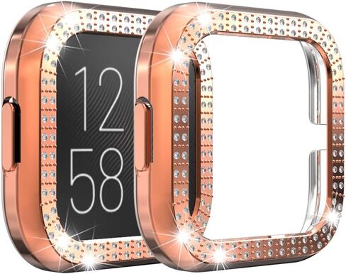 حافظة ساعة واقية مخصصة لـ Fitbit Versa 2، غطاء واقٍ من البولي كربونات ممتص للصدمات مزين بصف مزدوج من الألماس اللامع لملحقات الساعة الذكية Fitbit Versa 2 (ذهبي) in Kuwait